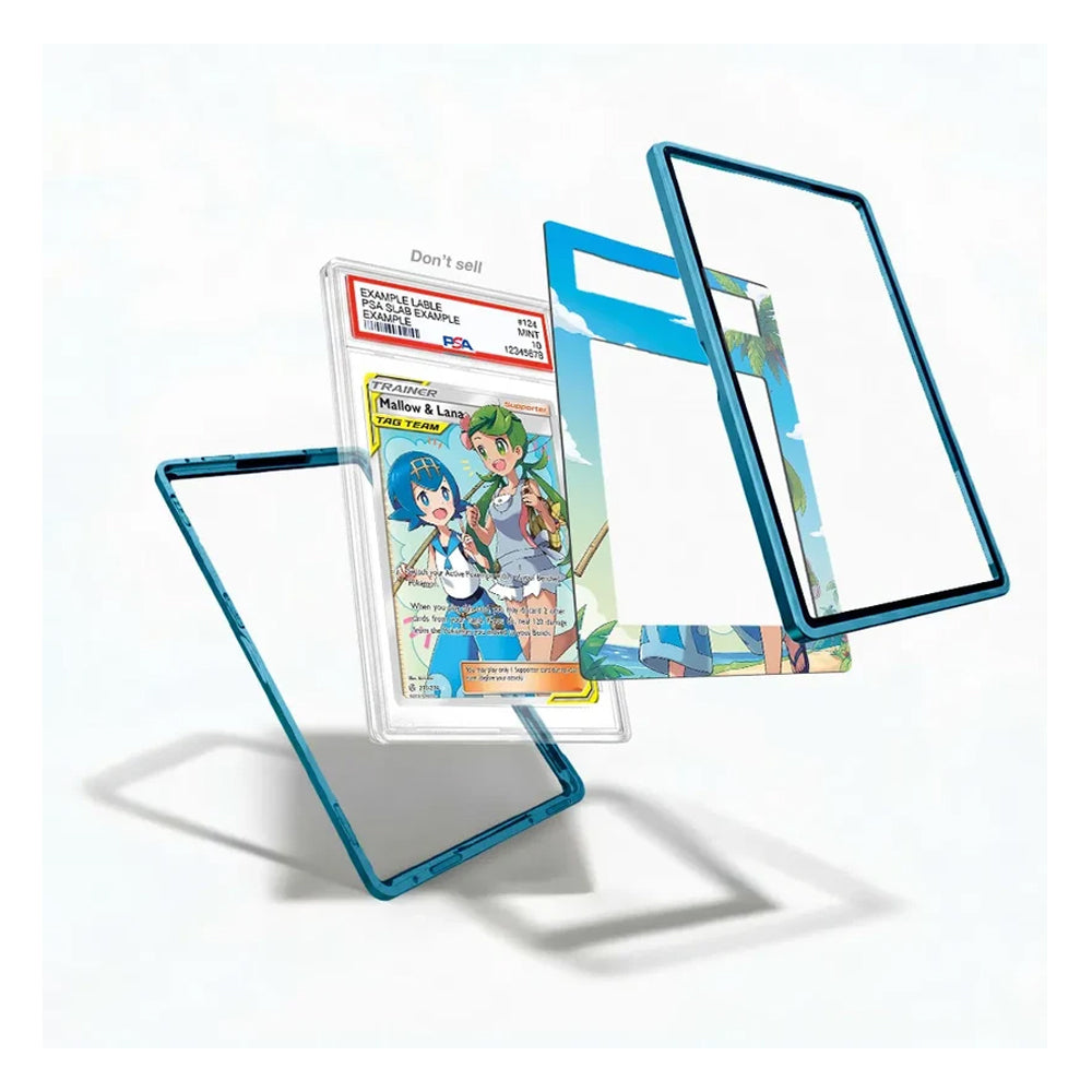 A clear acrylic display card holder with a metallic blue frame, shown disassembled with several transparent panels floating around a central sample card. The sample card features anime artwork and a PSA grading label.