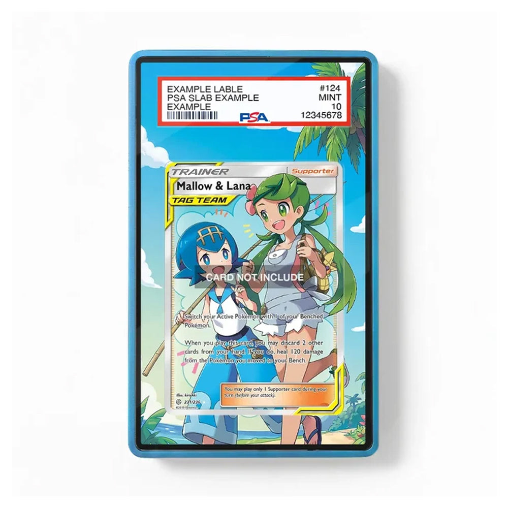 A PSA graded PSA Slab Example card in a blue protective slab, featuring a Pokémon Trainer card with Mallow and Lana on a white background.