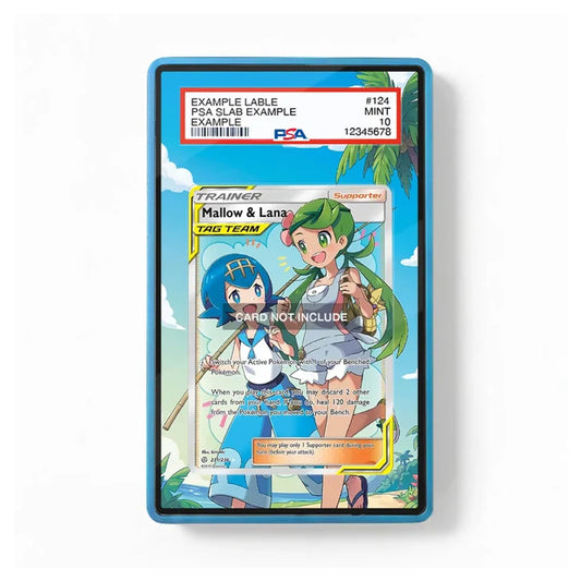 A PSA graded PSA Slab Example card in a blue protective slab, featuring a Pokémon Trainer card with Mallow and Lana on a white background.