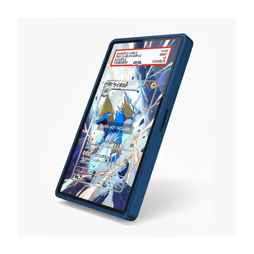 A dark blue protective phone case with a printed Pokémon card design on the screen, shown at an angle against a light gray background.