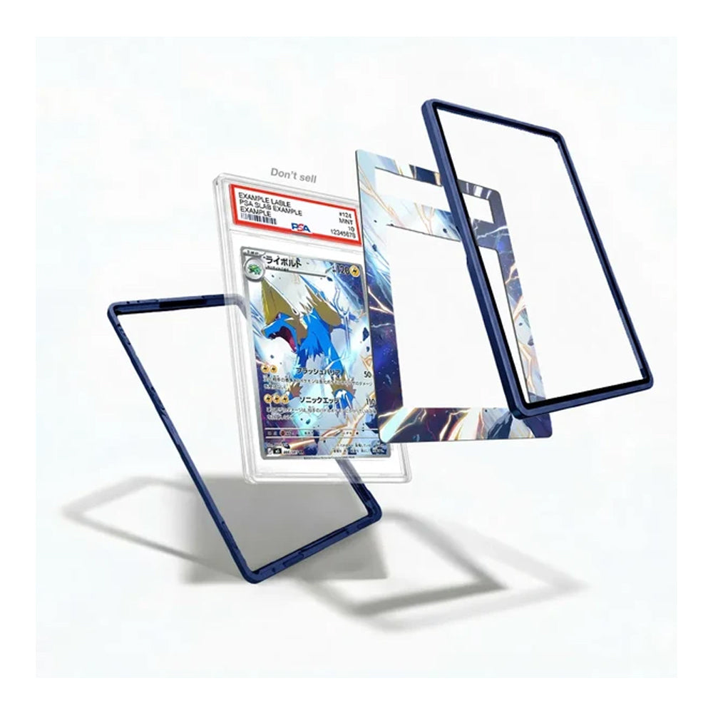 Three clear acrylic card sleeves with dark blue borders are shown floating around a graded Pokémon TCG card on a white background.