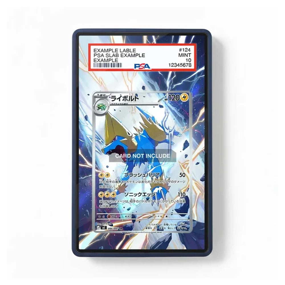 A black rectangular card holder or display case shown on a white background, containing a printed sample Pokémon card design with PSA grading label text at the top. No person, animal, or real environment is present, so this is Product/Packaging.