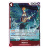 A single trading card featuring Marco from Whitebeard Pirates in an anime-style illustration. The card has a red border, a character portrait with blue and orange tones, and text boxes detailing card effects.