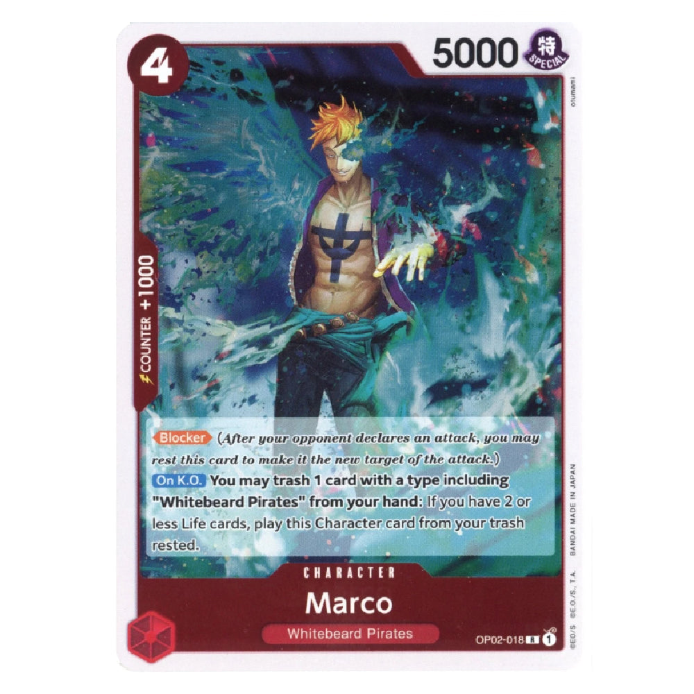 A single trading card featuring Marco from Whitebeard Pirates in an anime-style illustration. The card has a red border, a character portrait with blue and orange tones, and text boxes detailing card effects.