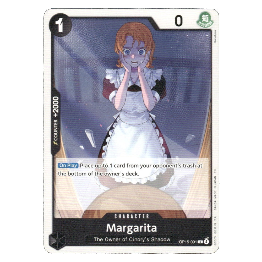 A collectible trading card featuring an illustrated character named Margarita, with a white border, game text, and a dark gray bottom panel. The card is shown against a plain white background.