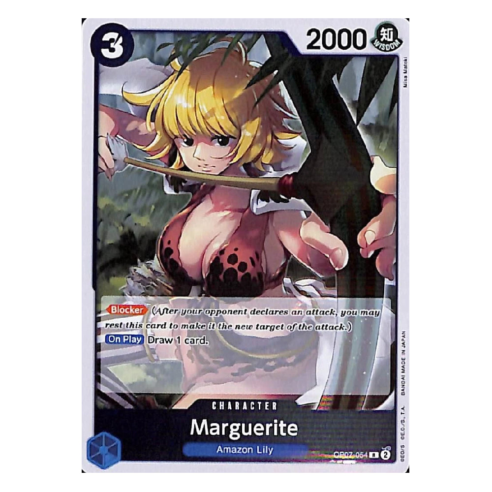 A single trading card featuring anime artwork of Marguerite, labeled 'Amazon Lily,' with a black border, white top section, and character name at the bottom.