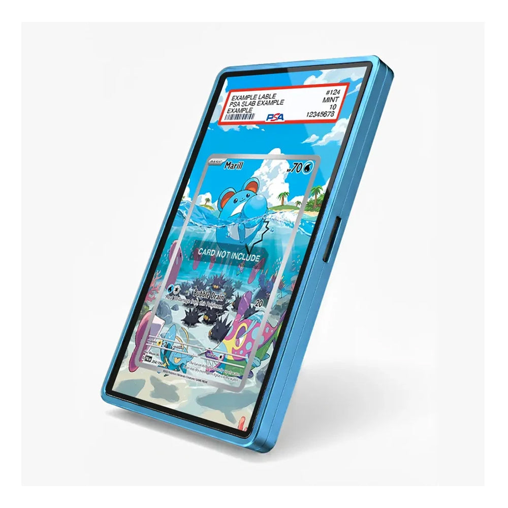 A blue protective phone case shown at an angle, featuring a printed Pokémon card design on the screen area, set against a clean white background.