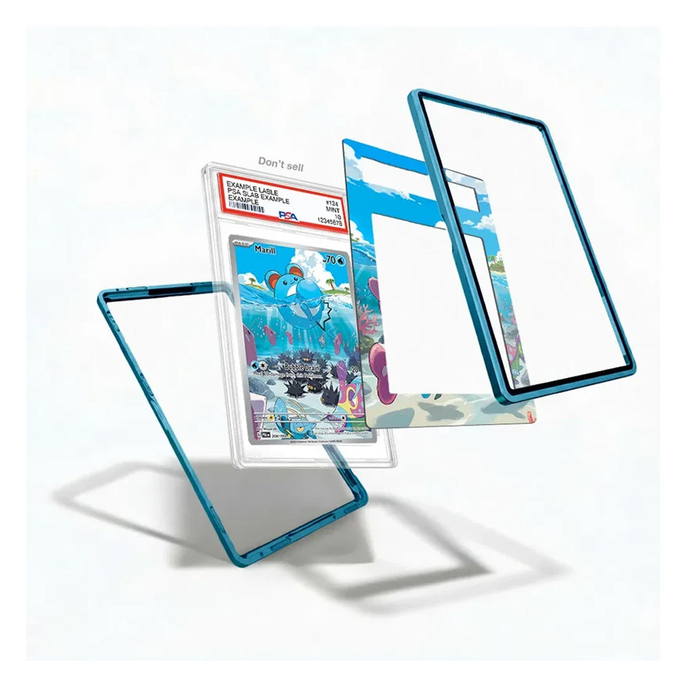 A set of custom Pokémon card sleeves and protective cases arranged in a floating, exploded view on a clean white background. The products feature a translucent blue border and a clear face, with one sleeve displaying a colorful illustration of a blue underwater scene with a character resembling Articuno.
