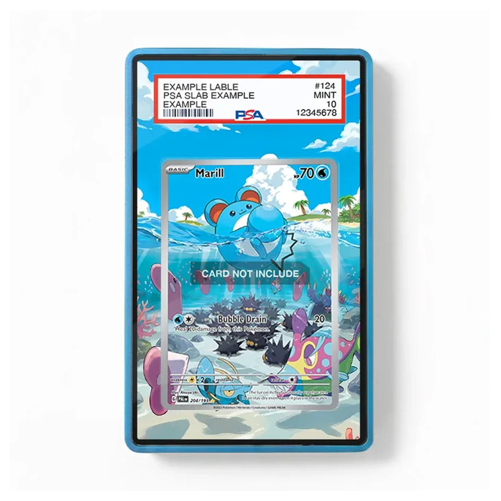 A graded PSA-style collectible card slab showing a Pokémon card artwork, photographed against a plain white background. The slab has a blue border and a red header with example text and a visible PSA logo.
