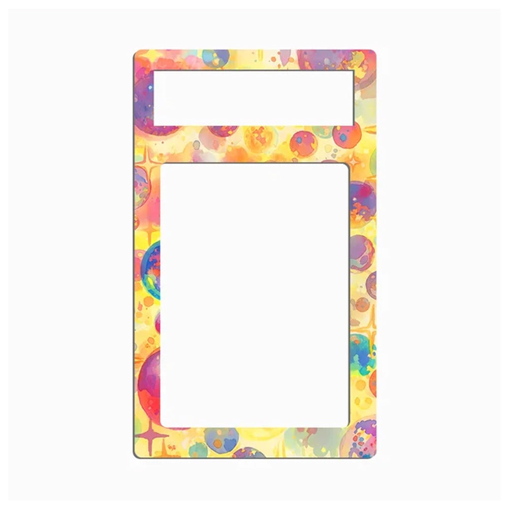 A rectangular picture frame with rounded corners, featuring a colorful abstract watercolor pattern of circles and splashes in yellow, orange, pink, purple, blue, and green. The top section has a smaller rectangular cutout, and the main body has a larger vertical cutout, all on a plain white background.