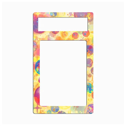 A rectangular picture frame with rounded corners, featuring a colorful abstract watercolor pattern of circles and splashes in yellow, orange, pink, purple, blue, and green. The top section has a smaller rectangular cutout, and the main body has a larger vertical cutout, all on a plain white background.