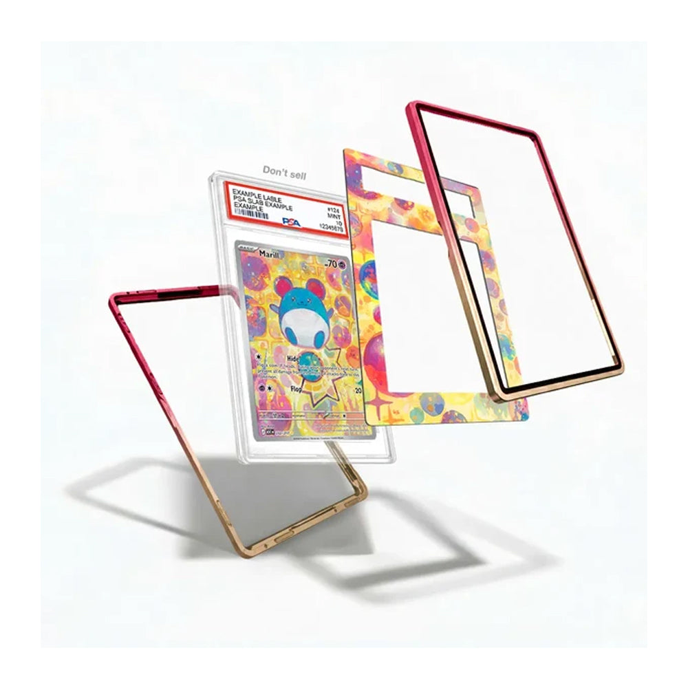Three clear acrylic card sleeves with colorful floral frames are displayed on a white background, with one sleeve holding a graded holographic Pokémon card.