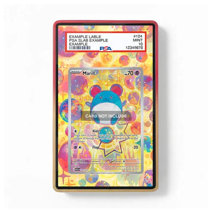 A PSA graded collectible card slab containing a Marill card, shown against a clean white background. The slab has a red top border and a gold bottom border, with a colorful bubble-patterned insert.