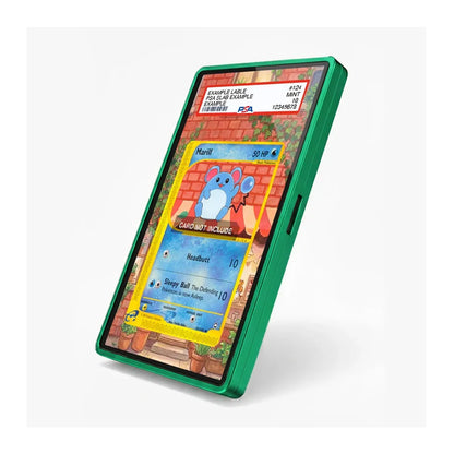A green protective phone case shown at an angle on a light gray background, displaying a colorful screen mockup with a Pokémon card design.