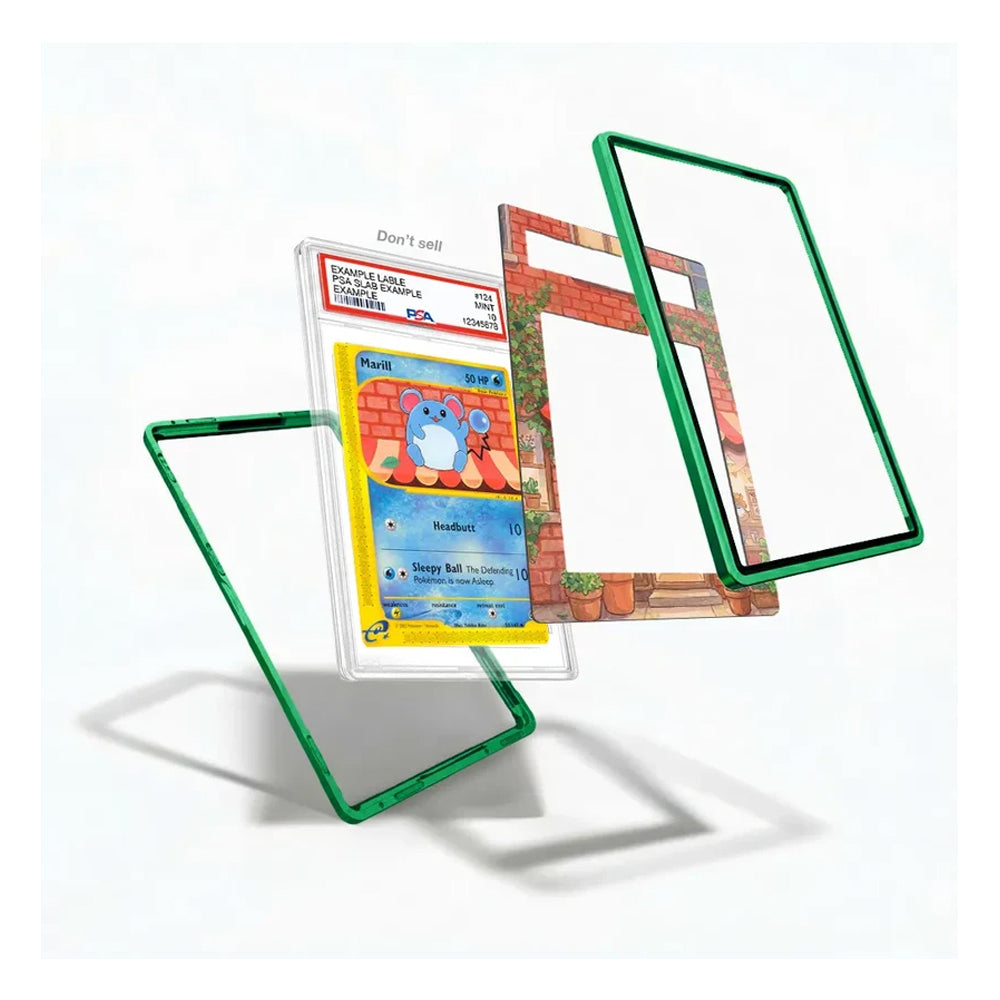 A clear acrylic Pokémon card protector case with a translucent green border, shown in multiple floating angles around a graded Pokémon card inside a slab. The product is displayed on a clean white background with soft shadows.
