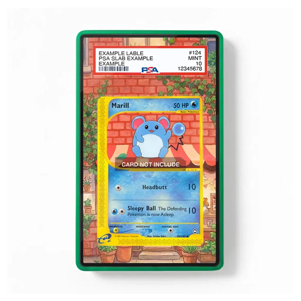 A PSA graded protective case containing a Pokémon trading card, shown against a clean white background. The case has a green border and a printed label at the top with PSA branding and grading details.