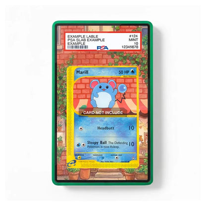 A PSA graded protective case containing a Pokémon trading card, shown against a clean white background. The case has a green border and a printed label at the top with PSA branding and grading details.