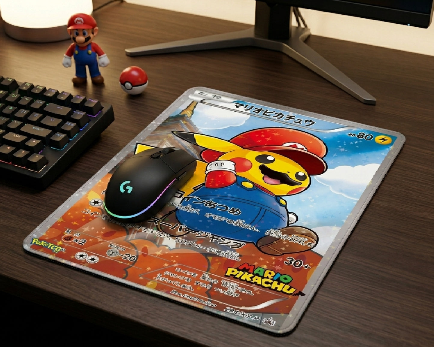 Custom Mario Pikachu Pokémon gaming mouse pad displayed on a stylish wooden gaming desk with RGB PC setup, mechanical keyboard, and gaming accessories