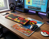 Mario Pikachu Pokémon card inspired gaming mouse pad on a premium wooden desk with RGB keyboard, gaming mouse, and Pokémon-themed monitor setup