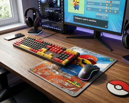 Mario Pikachu Pokémon card inspired gaming mouse pad on a premium wooden desk with RGB keyboard, gaming mouse, and Pokémon-themed monitor setup
