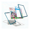 Three transparent acrylic display frames with a blue-green tint are arranged on a white background, with one frame holding a graded collectible card and another showing a colorful printed insert.