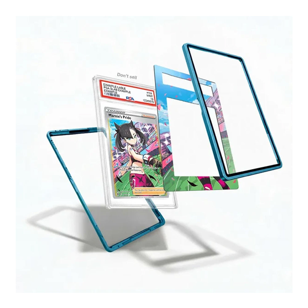 Three transparent acrylic display frames with a blue-green tint are arranged on a white background, with one frame holding a graded collectible card and another showing a colorful printed insert.