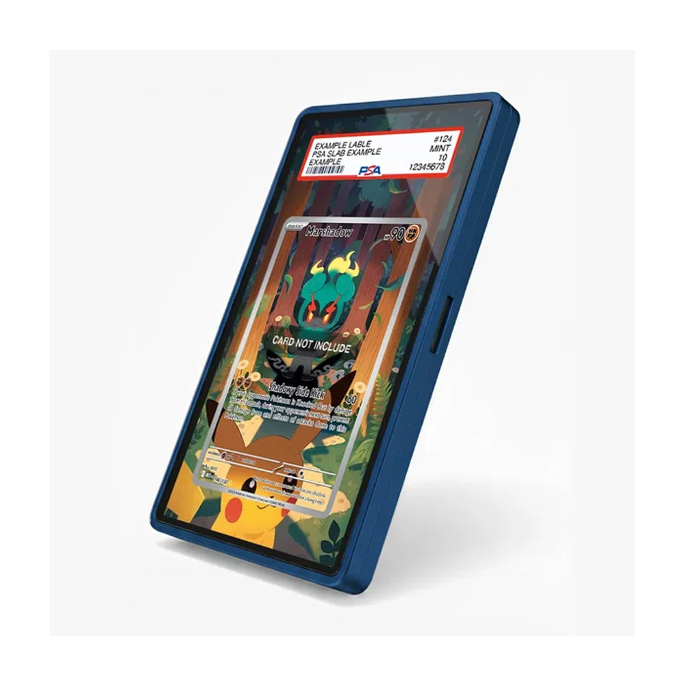 A dark blue protective phone case with a clear, custom-decal style screen protector showing a Pokémon card design, displayed on a light gray background.