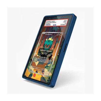 A dark blue protective phone case with a clear, custom-decal style screen protector showing a Pokémon card design, displayed on a light gray background.