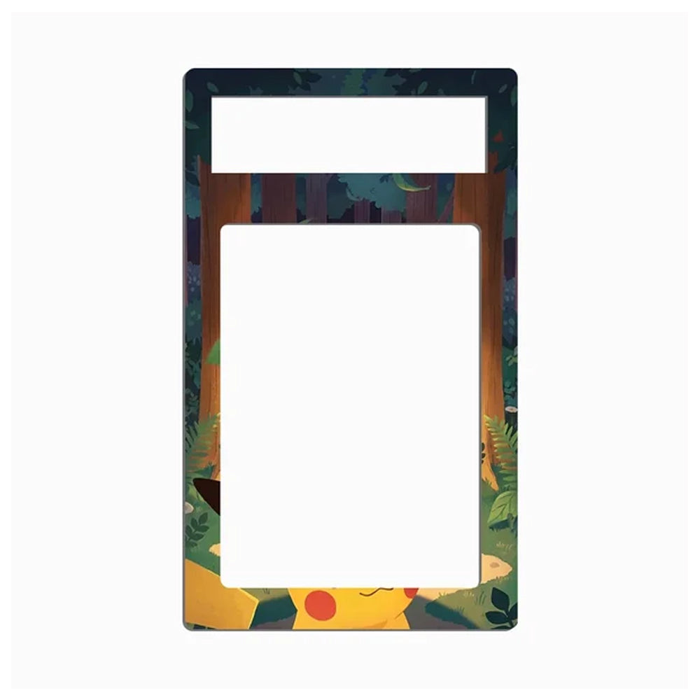 A rectangular decorative frame or plate with a large blank white center and a smaller white rectangular cutout near the top, surrounded by an illustrated forest border in dark blue, brown, green, and yellow tones.