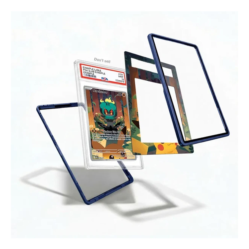Three clear protective card sleeves with dark blue frames are displayed on a white background, with one sleeve holding a graded Pokémon TCG card and another sleeve showing a colorful card insert.