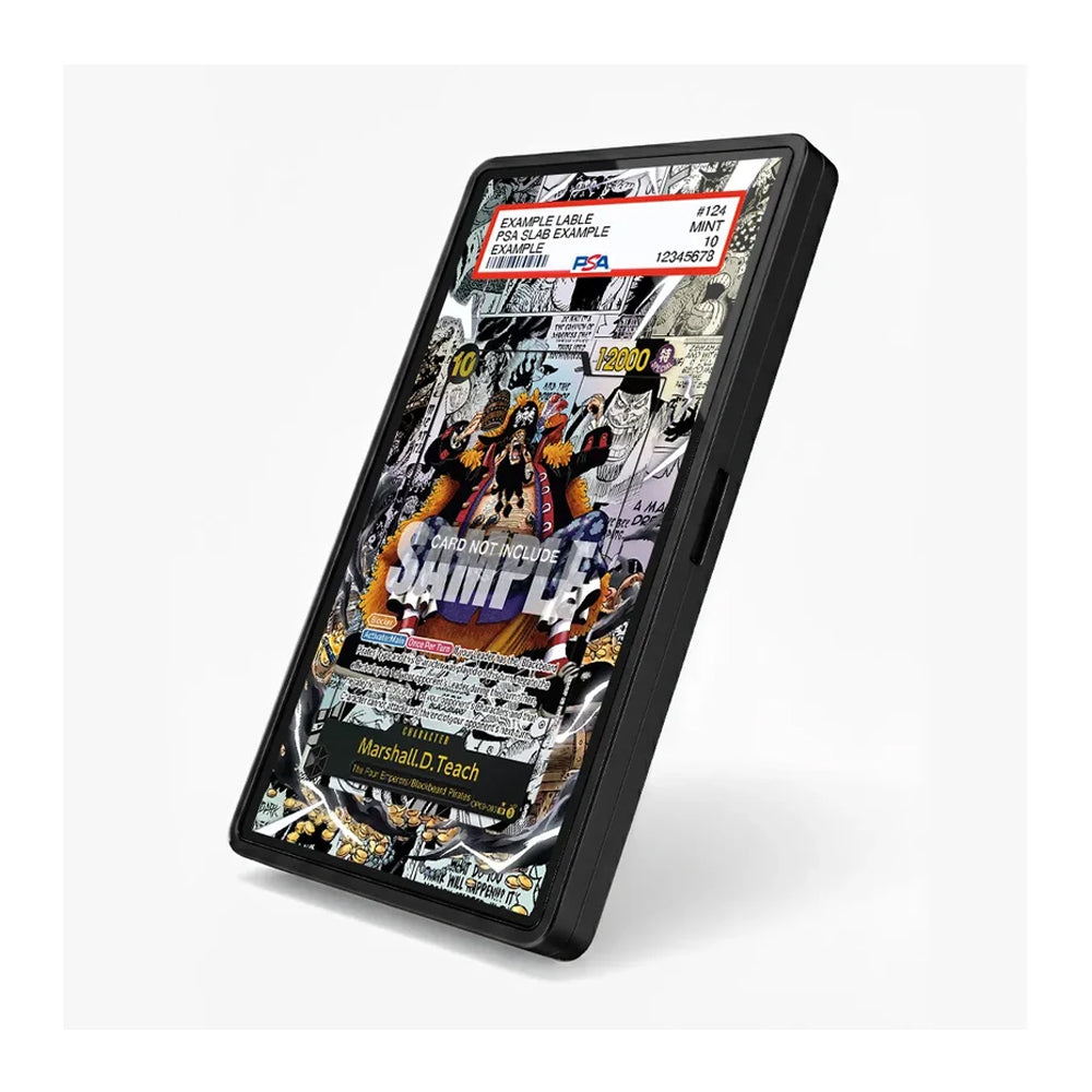A black rectangular electronic device, likely a digital signal conditioner or audio module, shown at an angle on a light gray background. The front face features a highly detailed, busy collage graphic with Transformers and 'SAMPLE' text, and a white label at the top with red and black text.