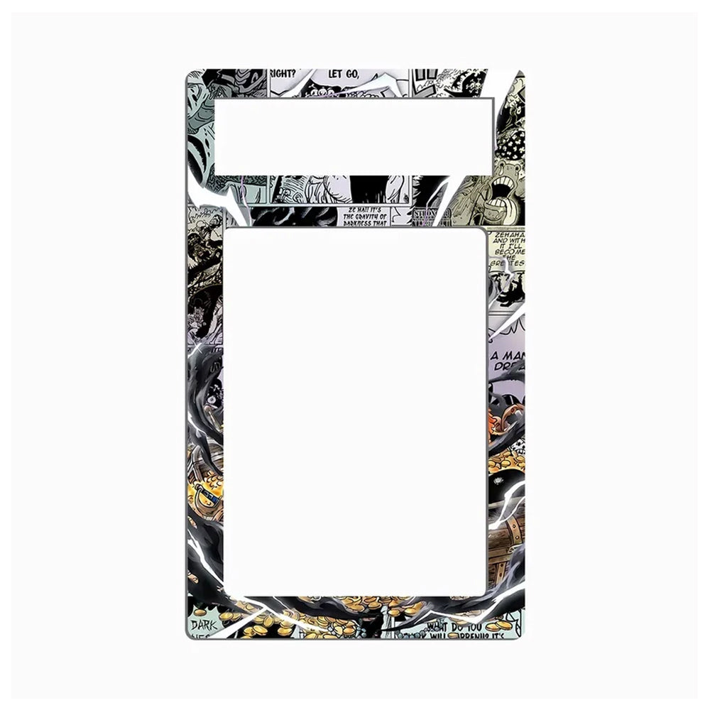 A decorative license plate frame featuring a black and white comic book panel border with small yellow and orange character accents, shown on a plain white background.