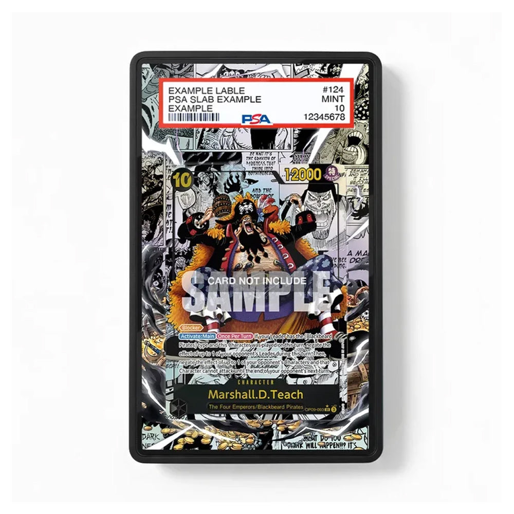 A PSA-graded sample collectible card in a black protective plastic case, featuring a highly detailed comic book-style illustration with a white header label at the top.