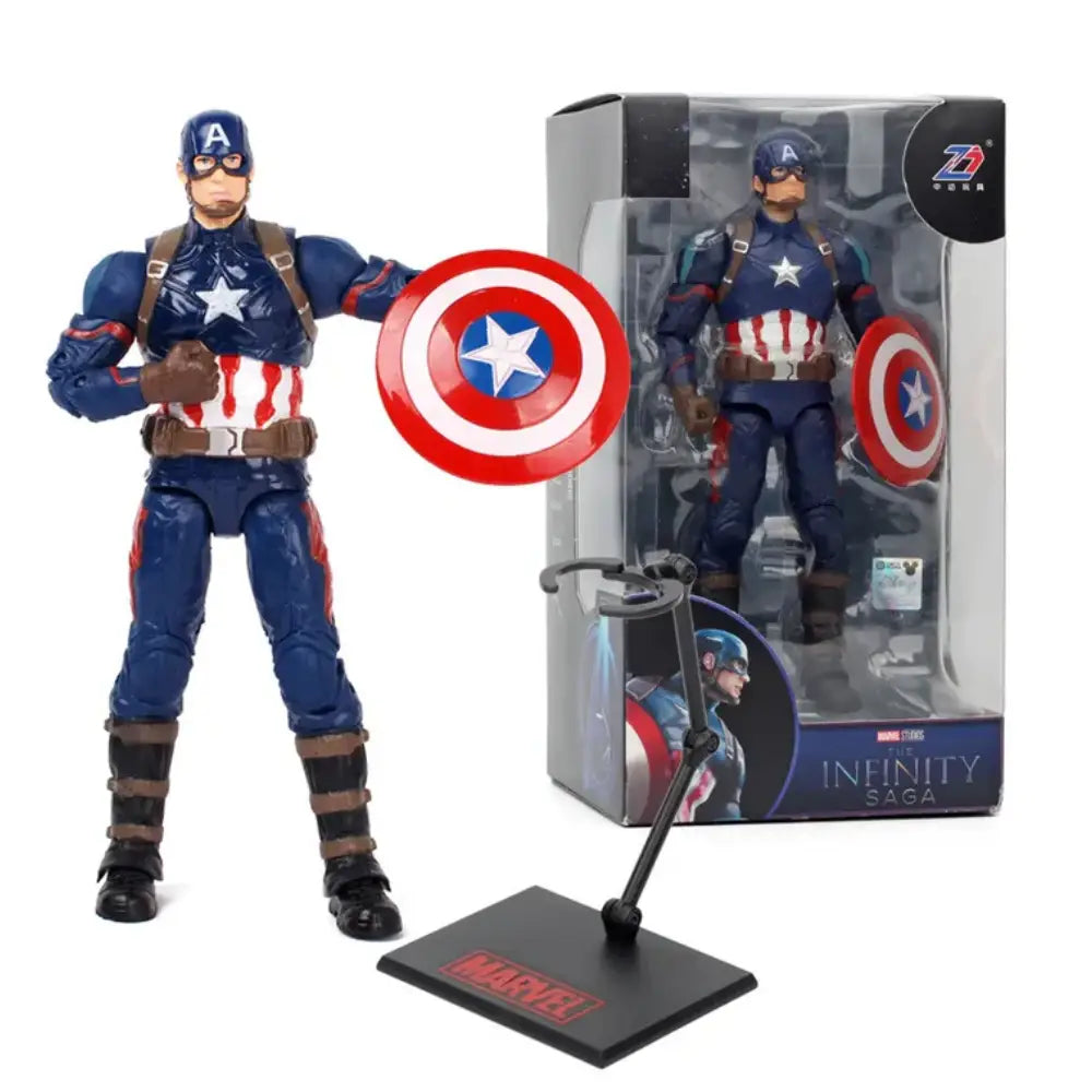 Captain America action figure with shield and Marvel base, next to its packaging