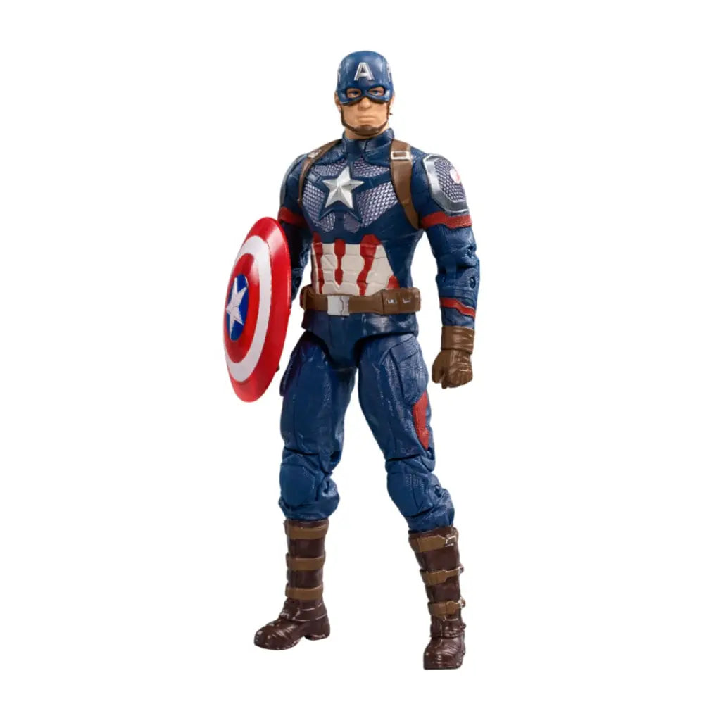 Action figure of a superhero in a blue and red costume with a shield on a white background