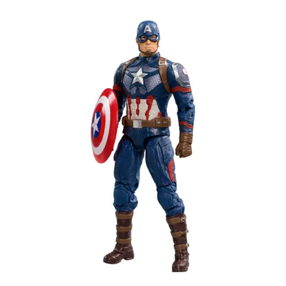 Action figure of a superhero in a blue and red costume with a shield on a white background