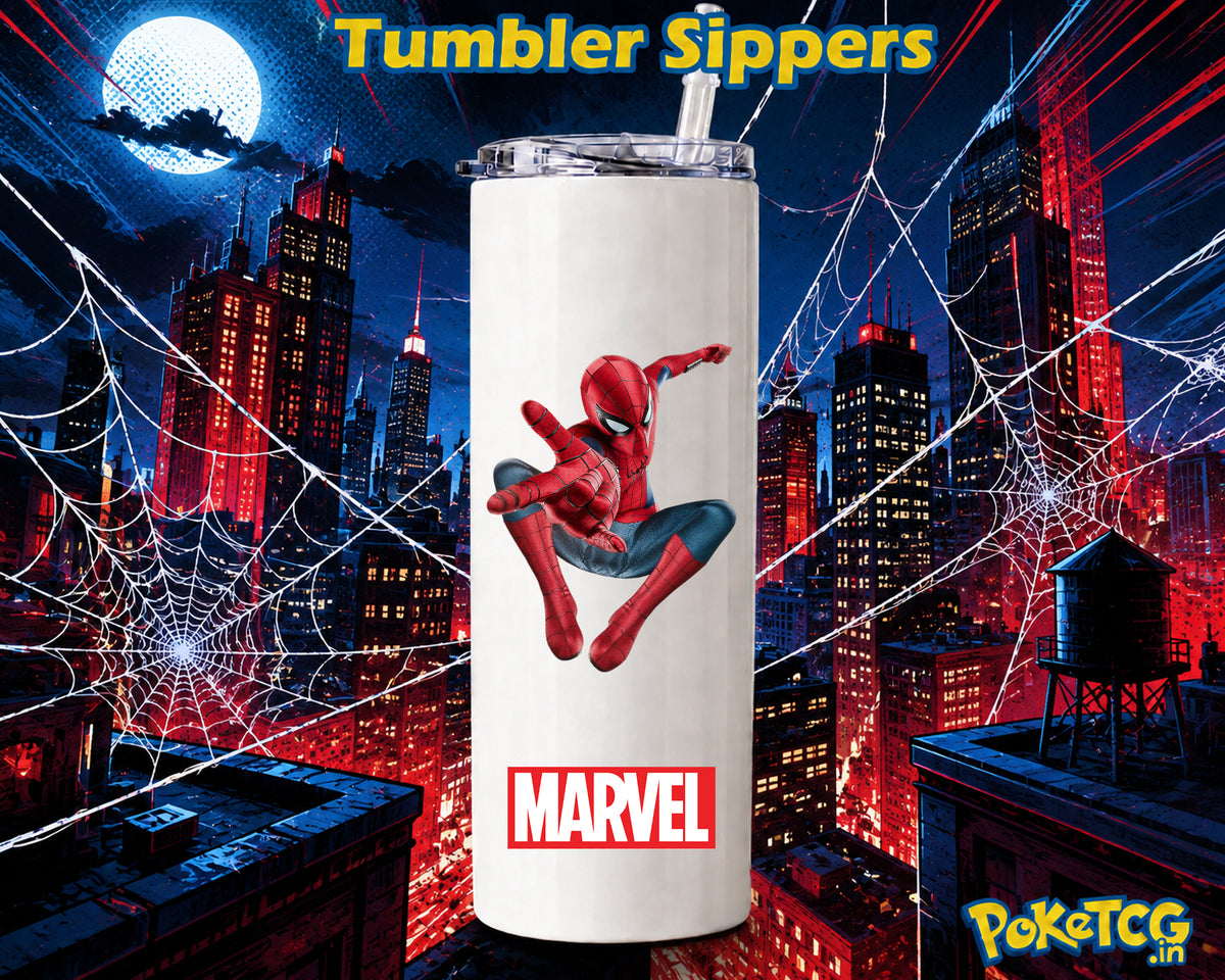 A white insulated tumbler with a clear lid and straw, featuring a Spider-Man graphic and the Marvel logo, set against a stylized red and blue city skyline at night with web silhouettes. Text at the top reads 'Tumbler Sippers' and a PokéTCG.