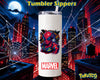 A white insulated tumbler with a clear lid and straw, featuring a Spider-Man graphic and the Marvel logo, set against a stylized red and blue city skyline with spiderwebs and the text 'Tumbler Sippers'.