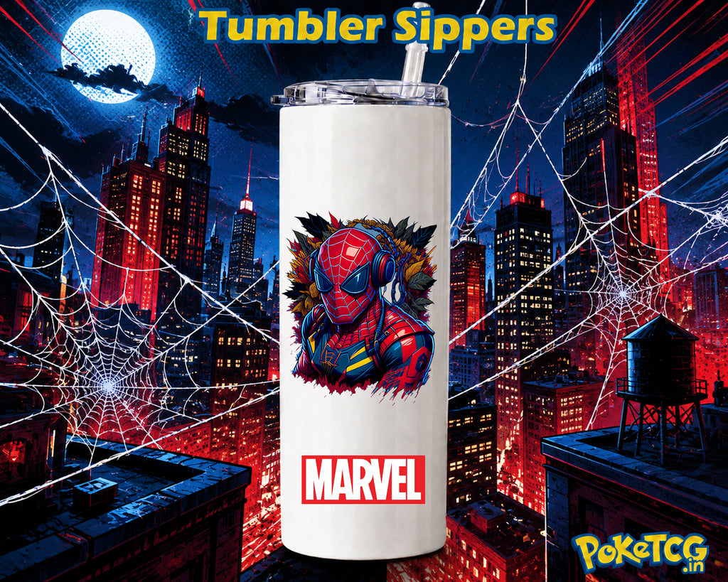 A white insulated tumbler with a clear lid and straw, featuring a Spider-Man graphic and the Marvel logo, set against a stylized red and blue city skyline with spiderwebs and the text 'Tumbler Sippers'.