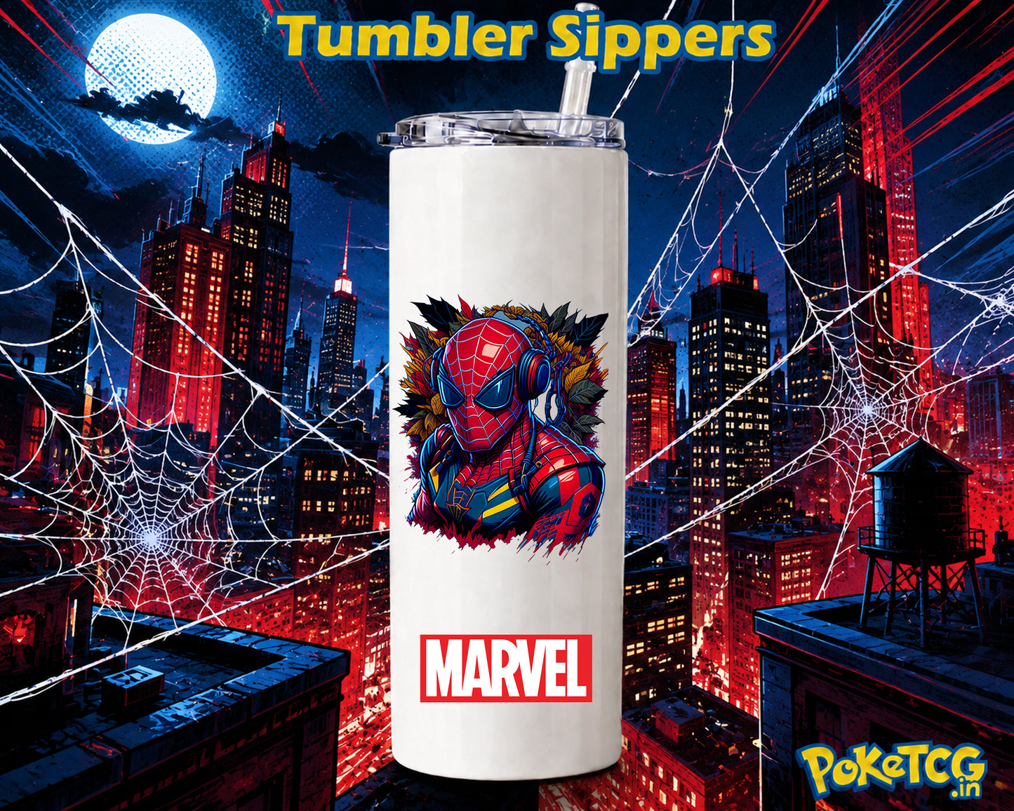 A white insulated tumbler with a clear lid and straw, featuring a Spider-Man graphic and the Marvel logo, set against a stylized red and blue city skyline with spiderwebs and the text 'Tumbler Sippers'.