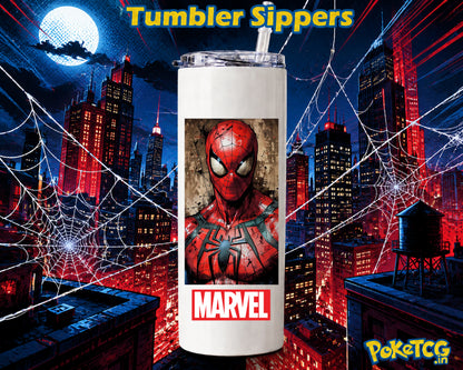A white insulated tumbler with a clear lid and straw, featuring a Spider-Man graphic and the Marvel logo, set against a dark city skyline at night with red lights, spiderwebs, and the text 'Tumbler Sippers' at the top.