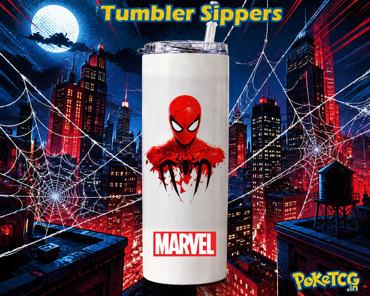 A white tumbler cup with a clear lid and straw, featuring a red and black Spider-Man graphic and the Marvel logo, set against a dark city skyline at night with text reading 'Tumbler Sippers' and a PokéTCG.in watermark.