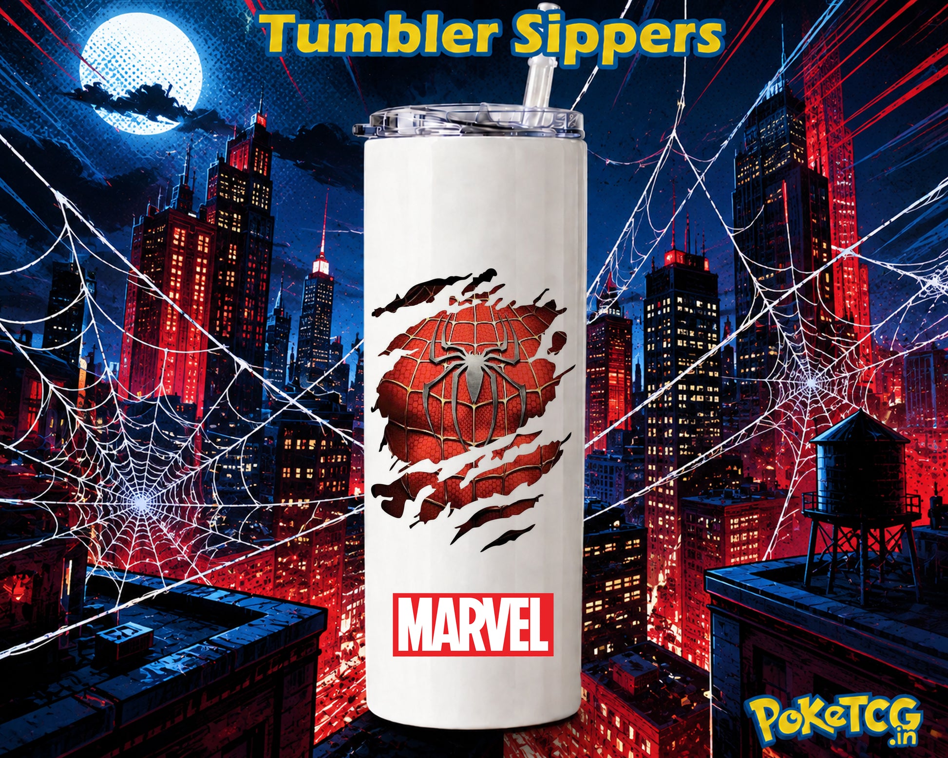 A white insulated tumbler with a clear lid and straw, featuring a red torn-shirt Spider-Man graphic and the Marvel logo near the bottom. The tumbler is centered against a dramatic comic-style city backdrop with red lights, spiderwebs, and a moon, with the text 'Tumbler Sippers' at the top and a PokéTCG.