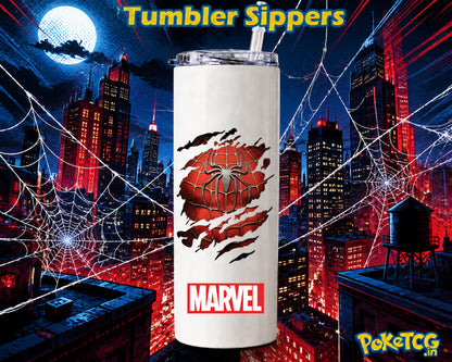 A white insulated tumbler with a clear lid and straw, featuring a red torn-shirt Spider-Man graphic and the Marvel logo near the bottom. The tumbler is centered against a dramatic comic-style city backdrop with red lights, spiderwebs, and a moon, with the text 'Tumbler Sippers' at the top and a PokéTCG.