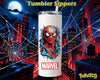 White tumbler sipper featuring a dynamic Spider-Man design with a red and blue comic-style illustration, Marvel logo, and Spider-Man themed city background.