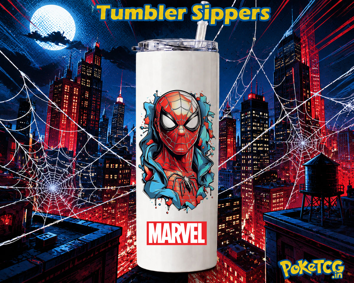 White tumbler sipper featuring a dynamic Spider-Man design with a red and blue comic-style illustration, Marvel logo, and Spider-Man themed city background.