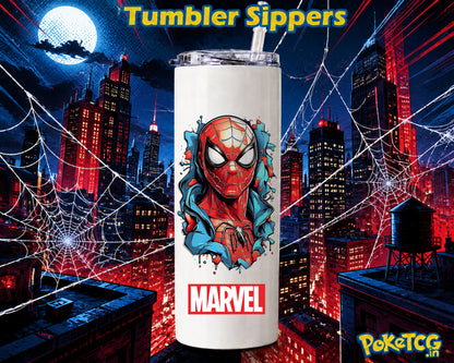 White tumbler sipper featuring a dynamic Spider-Man design with a red and blue comic-style illustration, Marvel logo, and Spider-Man themed city background.