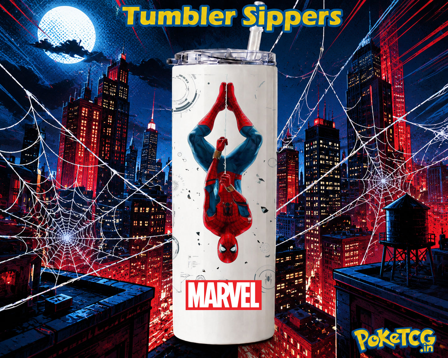 A white insulated tumbler with a clear lid and straw, featuring a Spider-Man graphic and the Marvel logo, set against a stylized red and blue city skyline at night with web silhouettes. Text at the top reads 'Tumbler Sippers' and a PoketCG logo appears in the bottom right corner.