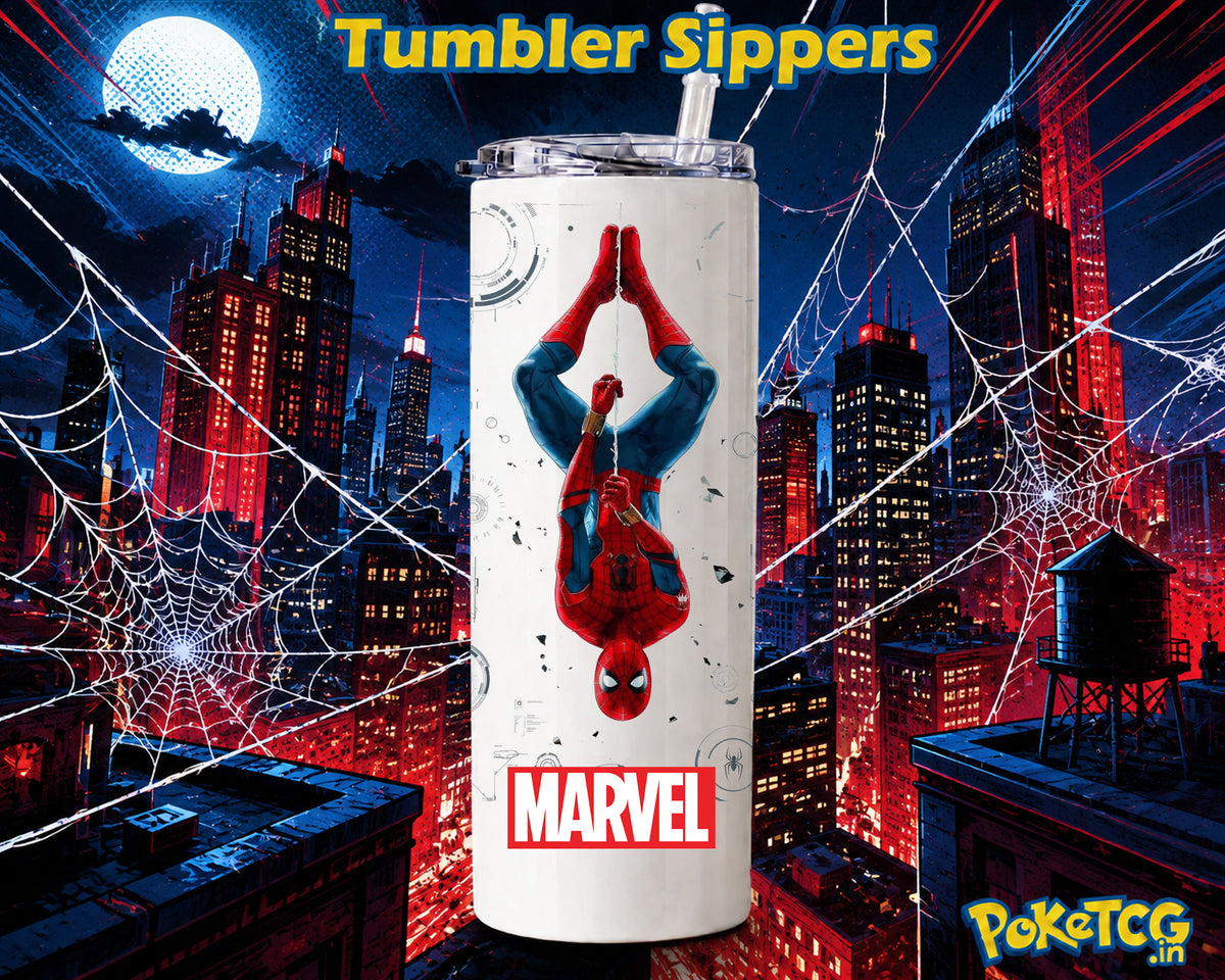 A white insulated tumbler with a clear lid and straw, featuring a Spider-Man graphic and the Marvel logo, set against a stylized red and blue city skyline at night with web silhouettes. Text at the top reads 'Tumbler Sippers' and a PoketCG logo appears in the bottom right corner.