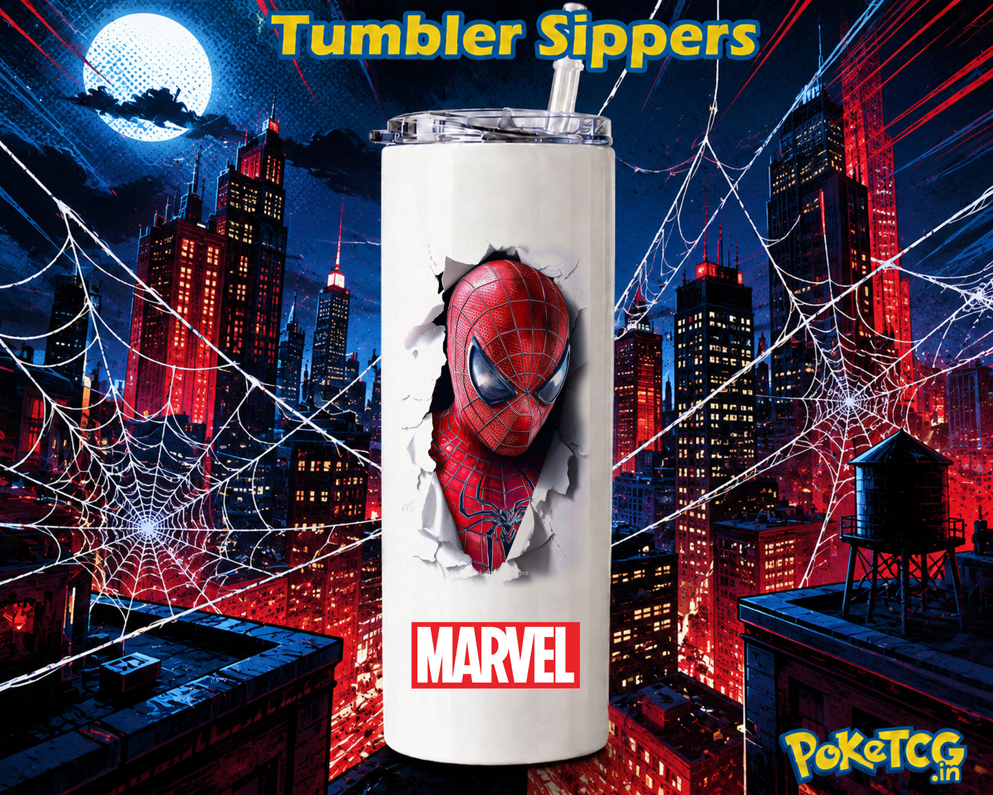 White tumbler sipper featuring a dramatic 3D-style Spider-Man mask breaking through a torn surface, with the Marvel logo and an urban nighttime cityscape with spider webs in the background.